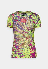 Tričko s krátkým rukávem a kulatým výstřihem v neonově žluté, růžové a modré batikované vzoru, s nášivkou loga Versace Jeans Couture na prsou.