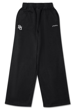 Black wide-leg sweatpants made of soft fabric, featuring an elastic waistband, side pockets, and logo embroidery on the front.