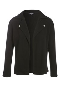 Black cardigan with a textured woven surface, notched lapels, and silver snap fasteners at the collar. Open front, long sleeves.