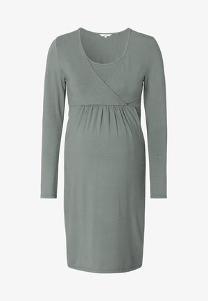 Umstandskleid aus weichem, elastischem Material mit langen Ärmeln, einem Überkreuz-Design an der Brust und gerafften Details an der Taille. Salbeigrün.
