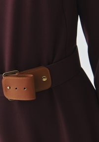 Robe bourgogne avec une large ceinture en cuir marron ornée d'une boucle en métal doré et de détails de couture. Tissu lisse et coupe ajustée.