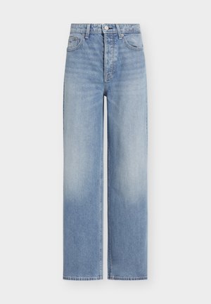 Φωτεινά γαλάζια τζιν ψηλόμεσα με ίσια γραμμή, εμπρός τσέπες, θηλιές για ζώνη και κλείσιμο με κουμπί.