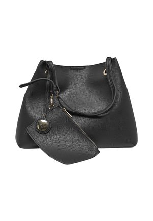 Sac à main en cuir noir texturé avec deux poignées et une petite pochette assortie zippée attachée par un porte-clés doré.