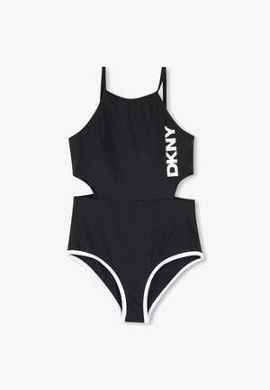 Maillot de bain noir une pièce avec un design découpé, logo DKNY blanc, fines bretelles et accents blancs contrastants le long des bords.