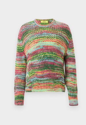 Flerfarget strikket genser med rund hals, med bølgende mønstre i rosa, grønn, gul og blå. Myk tekstur og løs passform.