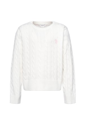 Maglione bianco a maniche lunghe con lavorazione a trecce, polsini e orlo a coste, scollo rotondo e piccolo logo ricamato sul petto sinistro.