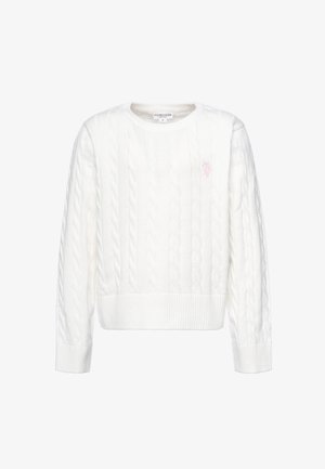 Maglione bianco a maniche lunghe con lavorazione a trecce, polsini e orlo a coste, scollo rotondo e piccolo logo ricamato sul petto sinistro.