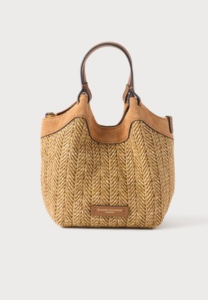Tkana torbica iz slame s tan barvnim zgornjim delom iz semiša, okroglimi ročaji in usnjenim dodatkom z logotipom blagovne znamke. Na telesu je značilen vzorec ribje kosti.