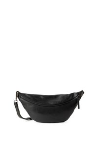 Marsupio in pelle nera con forma curvata, chiusura con zip e tracolla staccabile. Texture liscia con minimi dettagli metallici.