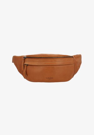Banane en cuir marron avec deux compartiments zippés horizontaux et coutures visibles sur fond blanc.
