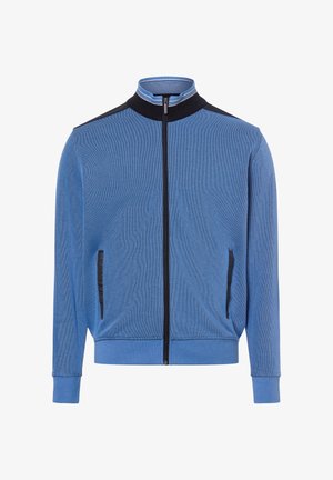 Giacca da track blu con zip e colletto alto, con accenti neri, due tasche laterali e polsi a coste per una maggiore texture.