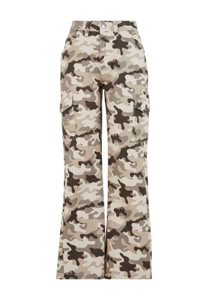 Pantaloni cargo in un motivo camouflage che presenta tonalità di beige e marrone, con vita alta, gamba larga e grandi tasche laterali.