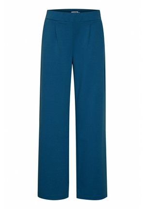 Teal wijde broek gemaakt van zachte stof, met een gladde tailleband en subtiele plooien aan de voorkant voor een getailleerde uitstraling.