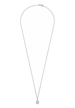 Silberne Kettenhalskette mit einem tropfenförmigen Anhänger, der einen klaren Stein enthält, hervorgehoben durch ein dezentes schimmerndes Finish.