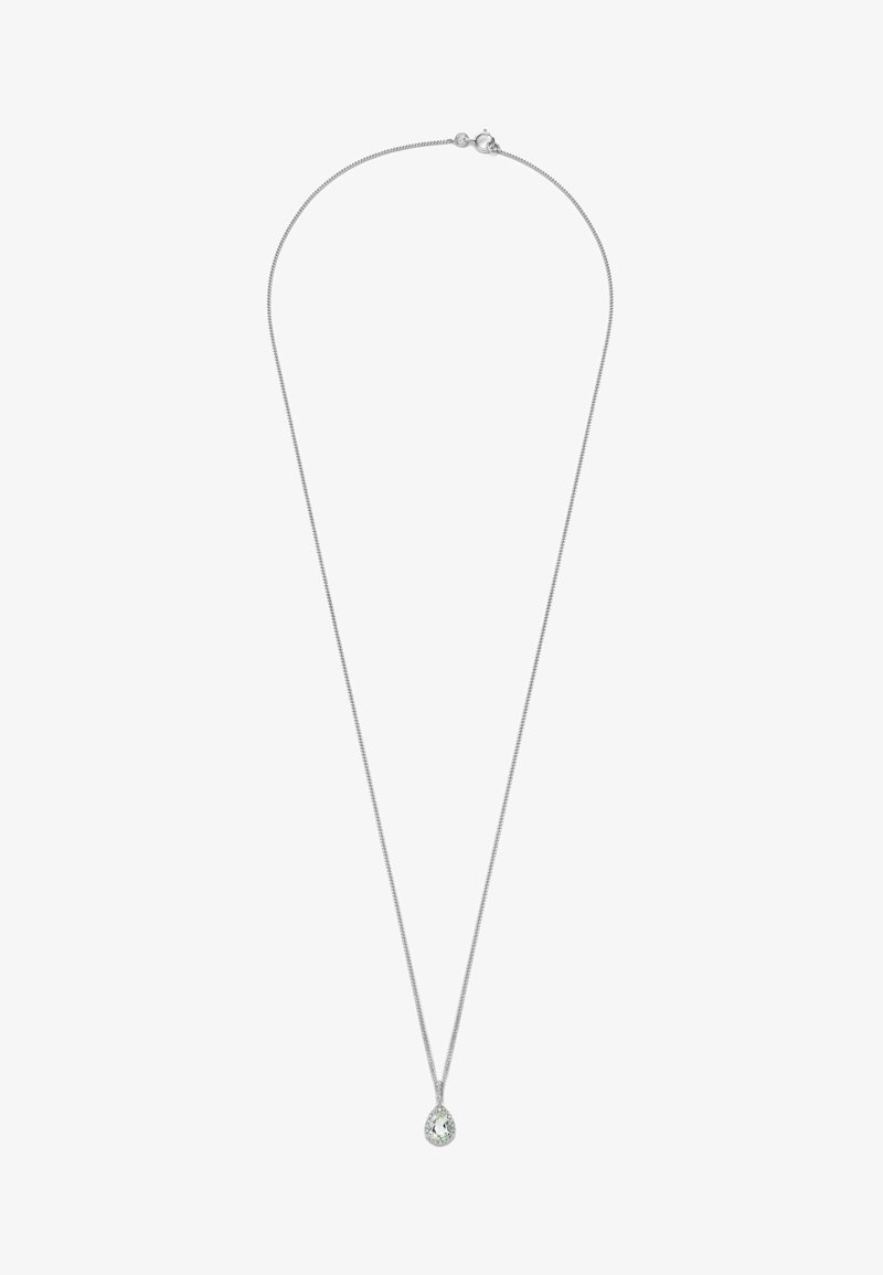 Hõbedane ket necklace, millel on tilkade kujuline ripats selge kiviga, mida rõhutab peen sädelev viimistlus.