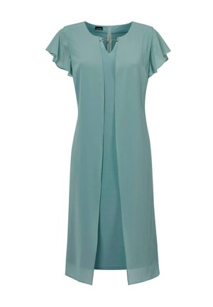 Korte mouwen, teal jurk met een V-hals en geplooide voorkant. Gemaakt van lichtgewicht stof, met een uitsnijding en een ritssluiting aan de achterkant.