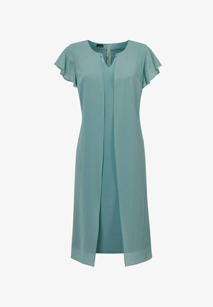 Korte mouwen, teal jurk met een V-hals en geplooide voorkant. Gemaakt van lichtgewicht stof, met een uitsnijding en een ritssluiting aan de achterkant.