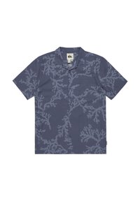 Kurzarmhemd in Dunkelblau mit einem hellblauen Korallenmuster. Verfügt über einen Kragen, eine Brusttasche und Stoffknöpfe.