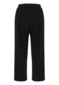 Black cropped pants with a wide-leg design, elastic waistband, and smooth fabric texture. No visible pockets or patterns.
