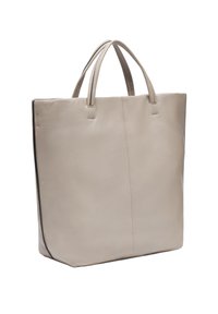 Leder-Shopper in hellem Beige mit zwei Obergriffen, minimalistischem Design, weicher Textur und einer flachen rechteckigen Form.