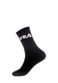 Chaussette en coton noir avec une texture côtelée. Présente un logo FILA blanc et rose au niveau du revers. Accent de semelle blanche. Design de longueur régulière.