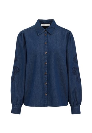 Blusa in denim blu scuro a maniche lunghe con chiusura frontale a bottoni, colletto a punte, maniche leggermente arricciate e delicata ricamo floreale sulle maniche.