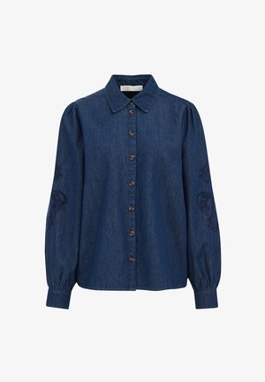Temno modra denim bluzo z dolgimi rokavi in gumbom spredaj, s koničastim ovratnikom, rahlo napihnjenimi rokavi in subtilnim cvetličnim vezenjem na rokavih.