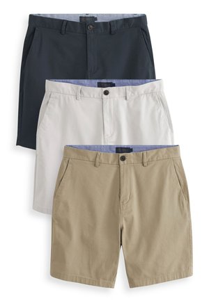 Drei Shorts in Marineblau, Hellgrau und Beige. Aus einem Stoff mit glatter Textur, mit vorderen Taschen und Knopfverschlüssen.