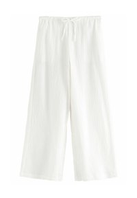 Witte wijde broek gemaakt van textuurstof, met een elastische tailleband en een trekkoord voor aanpassing.