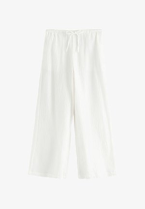 Fehér, bő szárú nadrág, texturált anyagból, rugalmas derekkal és állítható zsinórral.