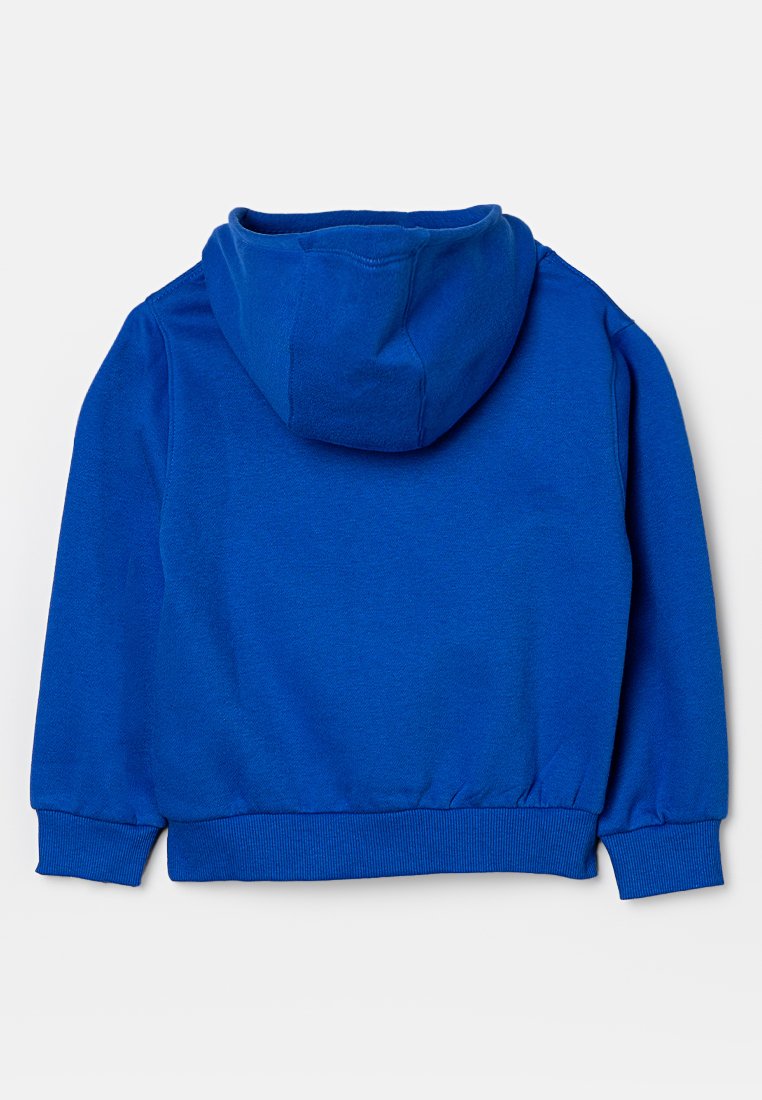 Sudadera con capucha azul de textura suave, con puños y cinturilla elásticos. Presenta una capucha de doble capa y ninguna gráfica o diseño visible.