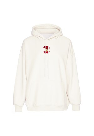 Hvid hættetrøje med et lille rødt og beige broderet smilende ansigt med en rød butterfly på brystet, frontlomme og snore.