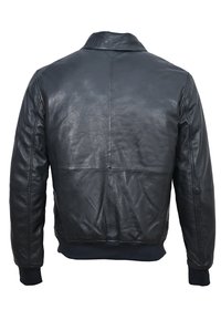 Schwarze Lederjacke mit einer sauberen, glatten Textur, geripptem Bund und Ärmelbündchen sowie einem klassischen Kragen. Besitzt ein gestepptes Rückenteil-Design.