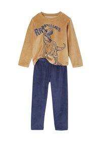 Children's two-piece fleece outfit with tan long-sleeve top featuring a roaring T-Rex graphic and navy blue elastic-waist pants.