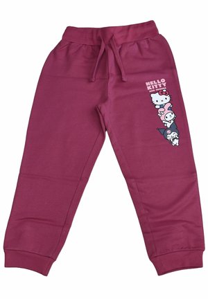 Dunkelrosa Kinder-Sweathosen mit Kordelzugbund und Hello Kitty und Freunde Grafikdesign am rechten Oberschenkel.
