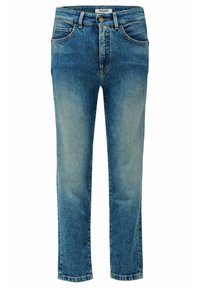 Vaqueros de mezclilla azul rectos con detalles descoloridos, botón frontal, presillas para cinturón y bolsillos delanteros y traseros.