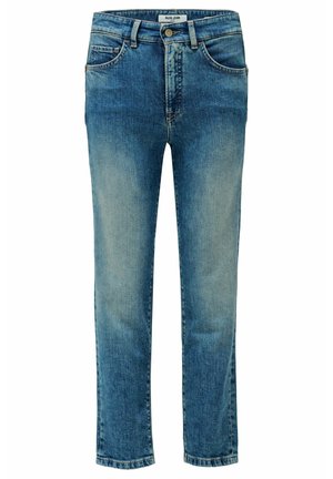 Jean en denim droit bleu avec des détails délavés, bouton avant, passants de ceinture, et poches avant et arrière.