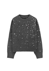 Czarny sweter z dzianiny w kolorze ciemnoszarym, z rozsypanymi błyszczącymi srebrnymi cekinami, okrągłym dekoltem, długimi rękawami oraz ściągaczami przy rękawach i na dole.