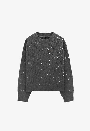 Czarny sweter z dzianiny w kolorze ciemnoszarym, z rozsypanymi błyszczącymi srebrnymi cekinami, okrągłym dekoltem, długimi rękawami oraz ściągaczami przy rękawach i na dole.