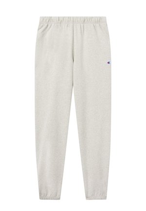 Pantalons de jogging gris clair avec taille élastique et poignets, fabriqués en tissu doux, arborant un petit logo bleu et rouge sur la hanche.