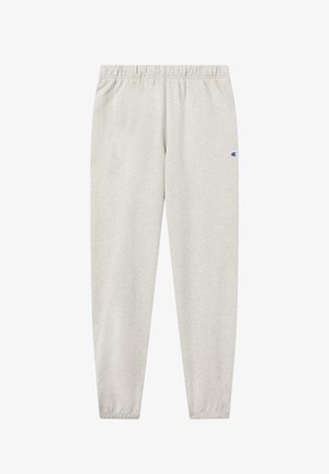 Jasnoszare spodnie dresowe z elastycznym paskiem w talii i mankietami, wykonane z miękkiego materiału, z małym logo w niebieskim i czerwonym kolorze na biodrze.