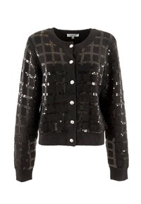 Cardigan noir avec un motif en grille de sequins, un col rond et des boutons argentés. Texture tricotée et poignets côtelés ajoutent des détails.