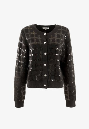 Zwarte cardigan met een rasterpatroon van pailletten, een ronde hals en zilverkleurige knoopsluitingen. Gebreide textuur en geribbelde manchetten voegen details toe.