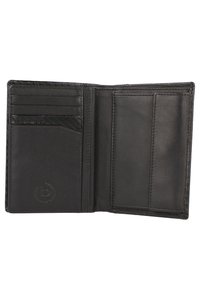 Black leather wallet with interior card slots and smooth texture. Features embossed logo and contrasting textured section. Compact design.