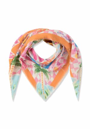 Foulard carré plié en triangle avec bordure orange, motif à carreaux rose, palmiers tropicaux et motifs floraux aux couleurs pastel.