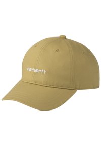 Gorra de béisbol caqui hecha de tela resistente, con visera curva y logotipo bordado de "carhartt" en blanco en la parte frontal.