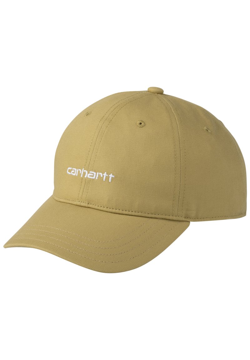 Gorra de béisbol caqui hecha de tela resistente, con visera curva y logotipo bordado de "carhartt" en blanco en la parte frontal.