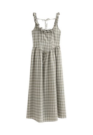 Sleeveless midi dress with brown and white gingham pattern, ruffled neckline, and tie-back straps.