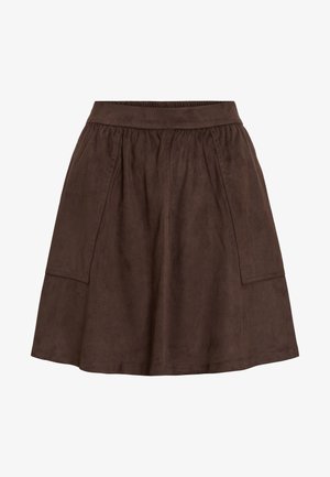 Brauner Wildlederrock mit elastischem Bund, seitlichen Taschen und ausgestelltem Schnitt. Glatte Textur und knielange Länge.