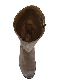 Bottes marron hauteur genou avec un extérieur en cuir lisse, bout rond, doublure intérieure en tissu brun contrasté et fermeture à glissière latérale.